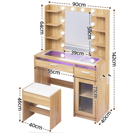 Artiss Dressing Table Vanity Desk Set 10 LED Bulbs RGB Light Wood.