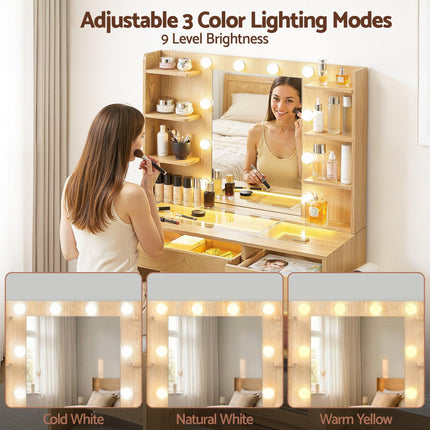Artiss Dressing Table Vanity Desk Set 10 LED Bulbs RGB Light Wood.