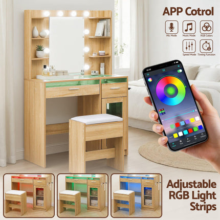 Artiss Dressing Table Vanity Desk Set 10 LED Bulbs RGB Light Wood.