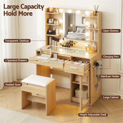 Artiss Dressing Table Vanity Desk Set 10 LED Bulbs RGB Light Wood.