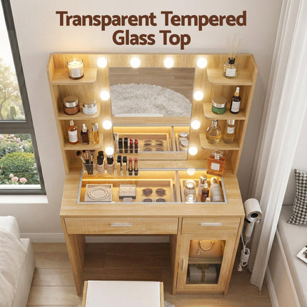 Artiss Dressing Table Vanity Desk Set 10 LED Bulbs RGB Light Wood.