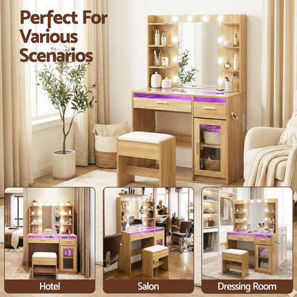 Artiss Dressing Table Vanity Desk Set 10 LED Bulbs RGB Light Wood.