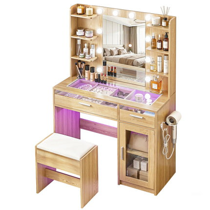 Artiss Dressing Table Vanity Desk Set 10 LED Bulbs RGB Light Wood.