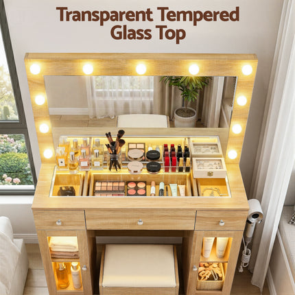 Artiss Dressing Table Vanity Desk Set LED Bulbs RGB Light Wood.