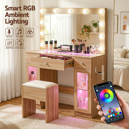 Artiss Dressing Table Vanity Desk Set LED Bulbs RGB Light Wood.