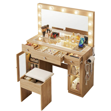 Artiss Dressing Table Vanity Desk Set LED Bulbs RGB Light Wood.