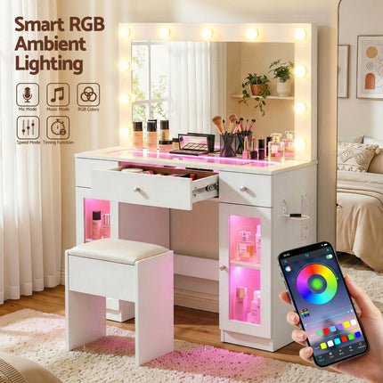 Artiss Dressing Table Vanity Desk Set LED Bulbs RGB Light White.
