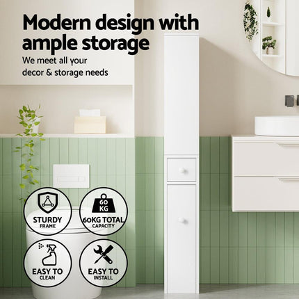 Artiss Bathroom Cabinet Storage Slim Organiser Drawer Toilet Corner 135cm White.