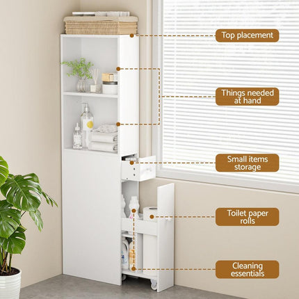 Artiss Bathroom Cabinet Storage Slim Organiser Drawer Toilet Corner 135cm White.