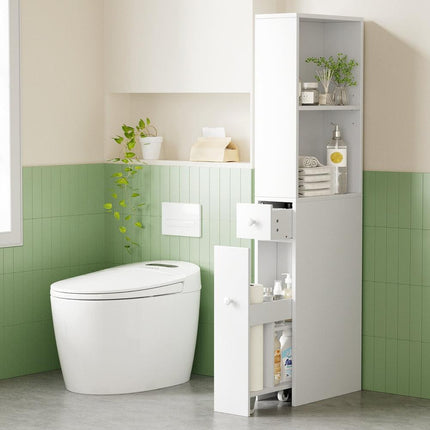 Artiss Bathroom Cabinet Storage Slim Organiser Drawer Toilet Corner 135cm White.