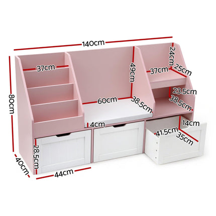 Keezi Kids Bookshelf Storage Organiser Toy Box Drawer Bench Seat Cabinet Pink.