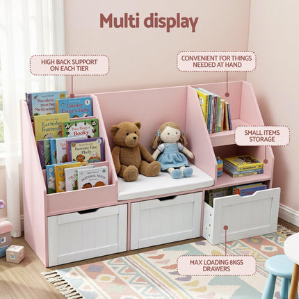 Keezi Kids Bookshelf Storage Organiser Toy Box Drawer Bench Seat Cabinet Pink.