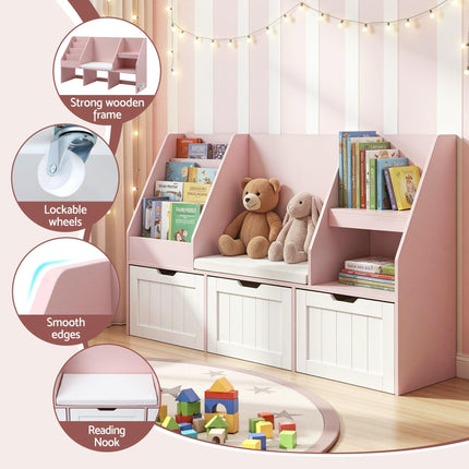Keezi Kids Bookshelf Storage Organiser Toy Box Drawer Bench Seat Cabinet Pink.