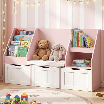 Keezi Kids Bookshelf Storage Organiser Toy Box Drawer Bench Seat Cabinet Pink.