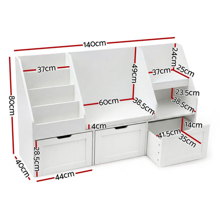 Keezi Kids Bookshelf Storage Organiser Toy Box Drawer Bench Seat Cabinet White.