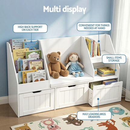 Keezi Kids Bookshelf Storage Organiser Toy Box Drawer Bench Seat Cabinet White.