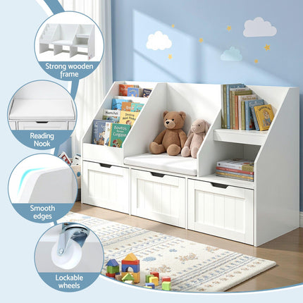 Keezi Kids Bookshelf Storage Organiser Toy Box Drawer Bench Seat Cabinet White.
