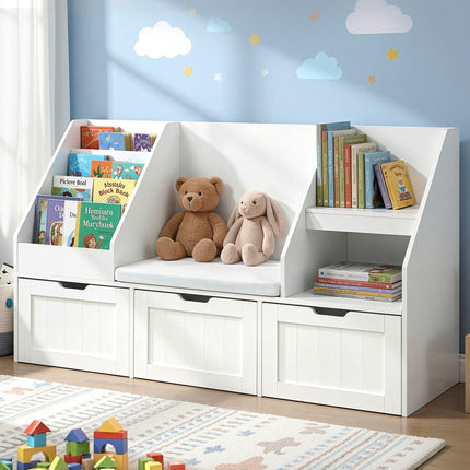 Keezi Kids Bookshelf Storage Organiser Toy Box Drawer Bench Seat Cabinet White.