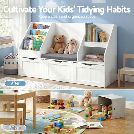 Keezi Kids Bookshelf Storage Organiser Toy Box Drawer Bench Seat Cabinet White.
