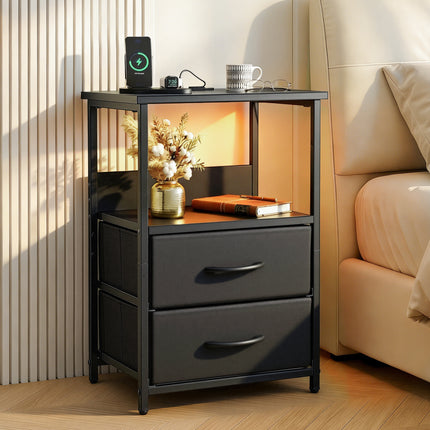 Artiss Bedside Table LED Nightstand Charging Station 2 Drawers Foldable Black.