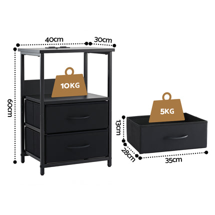 Artiss Bedside Table LED Nightstand Charging Station 2 Drawers Foldable Black.