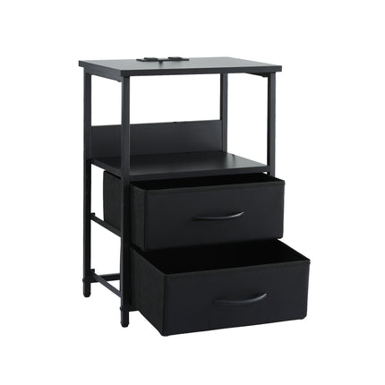 Artiss Bedside Table LED Nightstand Charging Station 2 Drawers Foldable Black.