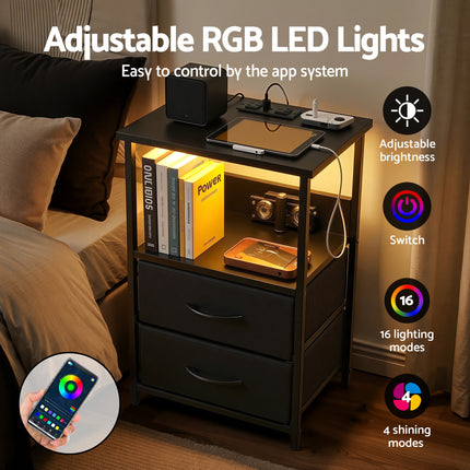 Artiss Bedside Table LED Nightstand Charging Station 2 Drawers Foldable Black.