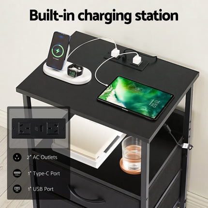 Artiss Bedside Table LED Nightstand Charging Station 2 Drawers Foldable Black.