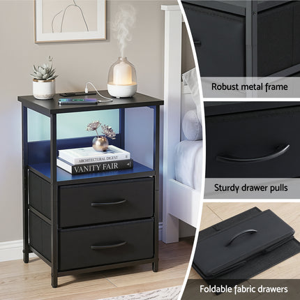 Artiss Bedside Table LED Nightstand Charging Station 2 Drawers Foldable Black.