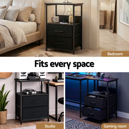 Artiss Bedside Table LED Nightstand Charging Station 2 Drawers Foldable Black.