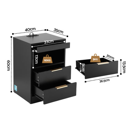 Artiss Bedside Table LED Nightstand Charging Station 2 Drawers - Black.