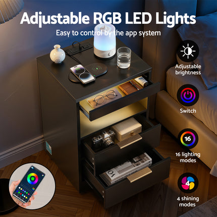 Artiss Bedside Table LED Nightstand Charging Station 2 Drawers - Black.