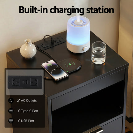 Artiss Bedside Table LED Nightstand Charging Station 2 Drawers - Black.