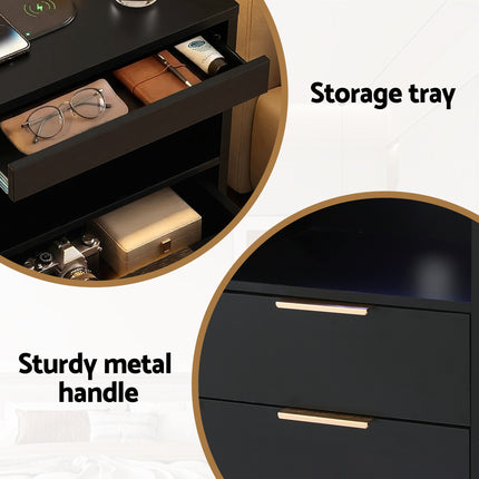 Artiss Bedside Table LED Nightstand Charging Station 2 Drawers - Black.