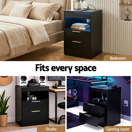 Artiss Bedside Table LED Nightstand Charging Station 2 Drawers - Black.