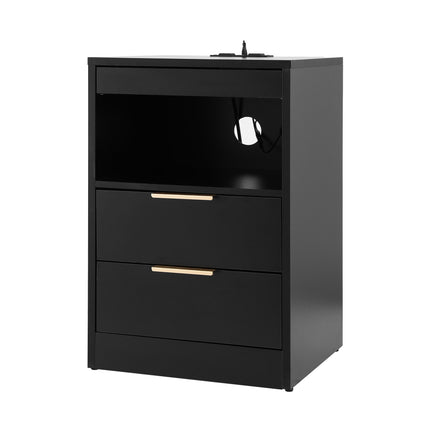 Artiss Bedside Table LED Nightstand Charging Station 2 Drawers - Black.
