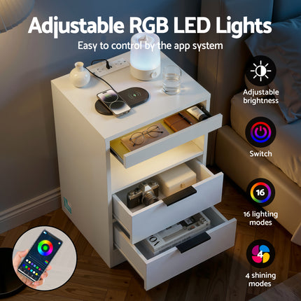 Artiss Bedside Table LED Nightstand Charging Station 2 Drawers - White.