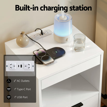 Artiss Bedside Table LED Nightstand Charging Station 2 Drawers - White.