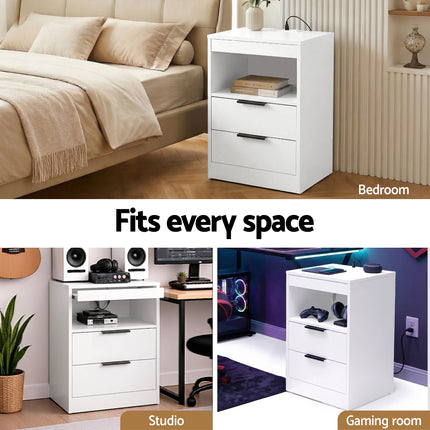 Artiss Bedside Table LED Nightstand Charging Station 2 Drawers - White.