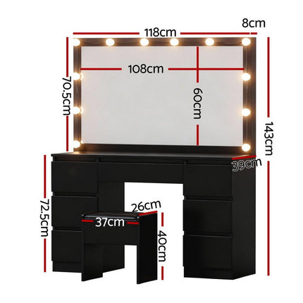 Artiss Dressing Table Vanity Desk Set Stool 12 Led Bulbs Black.
