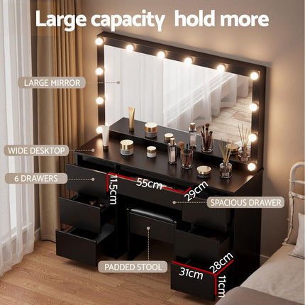 Artiss Dressing Table Vanity Desk Set Stool 12 Led Bulbs Black.