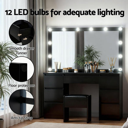 Artiss Dressing Table Vanity Desk Set Stool 12 Led Bulbs Black.