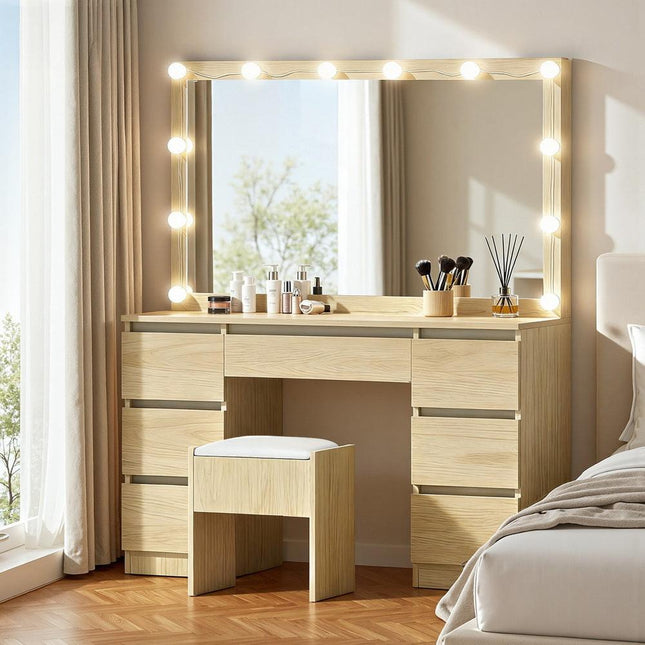 Artiss Dressing Table Vanity Desk Set Stool 12 Led Bulbs Wood.