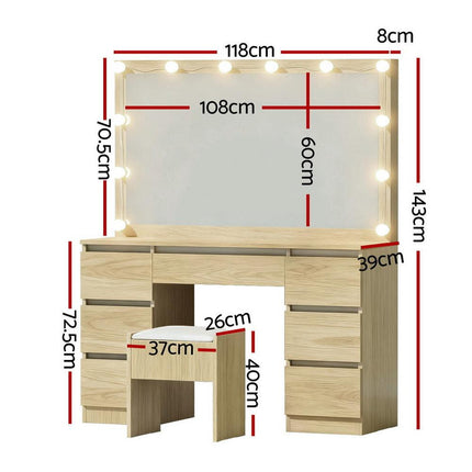 Artiss Dressing Table Vanity Desk Set Stool 12 Led Bulbs Wood.