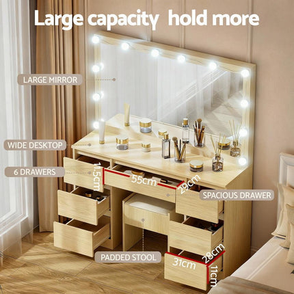 Artiss Dressing Table Vanity Desk Set Stool 12 Led Bulbs Wood.