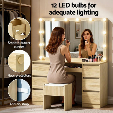 Artiss Dressing Table Vanity Desk Set Stool 12 Led Bulbs Wood.