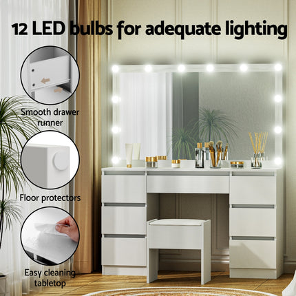 Artiss Dressing Table Vanity Desk Set Stool 12 Led Bulbs White.
