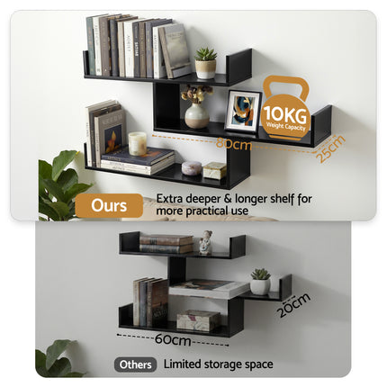 Artiss Floating Wall Shelf 3 Tier Black.