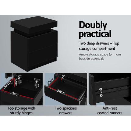 Artiss Bedside Table 2 Drawers Lift-up Storage - COLEY Black.