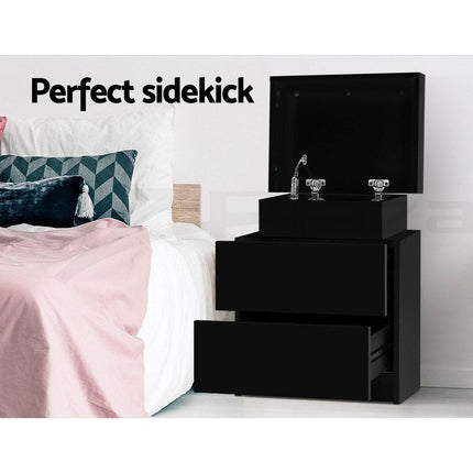 Artiss 2X Bedside Table 2 Drawers Lift-up Storage Black.